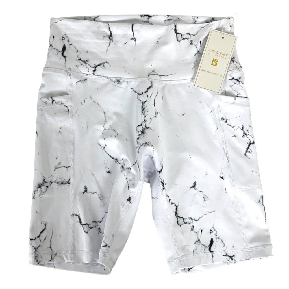 BuffBunny Limitless White Marble Size M Seamless Pocket Biker 4" Inseam Shorts